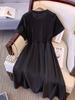Vestido de manga corta sencillo de punto estilo francés para mujer, talla extra grande, gordita, 300 Jin, corte ajustado, novedad de 2024