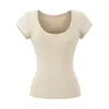 Top Elástico de Manga Corta con Cuello en U Ajustado a la Cintura Estilo Chica Picante Verano Estilo Manga Figura Favorecedora Rayón Hombro Normal Camiseta para Mujer Puro Deseo Ajustado