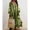Vestido de Moda Europea y Americana Transfronterizo 2025 para Mujer, Holgado, de Manga Larga, con Cordones, Cuello en V, Estampado, Dobladillo Ancho