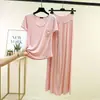 Conjunto de Duas Peças: Camiseta Modal de Gola Redonda com Bolso e Manga Curta + Calça Wide Leg de Cintura Alta com Amarração Novo Conjunto Plus Size