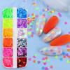 Caixa com 12 Compartimentos de Lantejoulas Coloridas de Formato Irregular: Borboleta, Coração, Flor, Estrela para Nail Art Lantejoulas Fluorescentes Decorações de Resina DIY