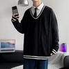 Camisola de manga comprida com decote em V para homens da marca de moda da primavera ins camisola simples Harajuku Hong Kong estilo casual bonito camisola para todos os jogos