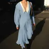 Vestido Francês Longo de Manga Comprida com Lapela Transfronteiriço para Mulheres Estilo Europeu e Americano Verão 2025 Novo Cardigã Acinturado Saia Longa