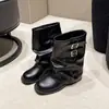 Botas de moda negras de nuevo estilo, botas de mujer 2026, tacón grueso, talla grande, punta redonda, botas de media pantorrilla, diseño plisado, adecuadas para primavera y otoño