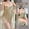 Lingerie Sexy, Tentação Doce, Pijama de Manga Voadora, Decote em V Profundo Costas Nuas Com Bojo, Camisola Flocked, Robe Exterior, Conjunto Feminino