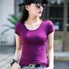 Camiseta Básica Feminina de Gola Redonda Primavera Nova Bainha Casual Top Interno Verão Cor Sólida Ajuste Slim Manga Curta