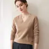 Suéter de cashmere macio com decote V versátil para o dia a dia de mulheres, outono e inverno, sem costura, peça única, lã, suéter de tricô solto, camada base