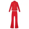 [En Stock] Conjunto de Pantalones Acampanados y Chaqueta de Forro Polar, Abrigo de Manga Larga para Mujer de Corte Ajustado, Ropa Deportiva Elástica para Yoga
