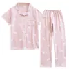 Novedad Primavera/Verano 2026 Ropa de Casa para Mujer Crepé de Algodón Puro Solapa Estampado Manga Corta Pantalón Largo Pijama Simple Fresco