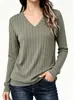 Amazon 2025 Primavera y Otoño Transfronterizo Suéter Casual Versátil de Manga Larga de Color Sólido con Cuello en V y Costilla Cepillada para Mujer