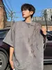 Camiseta Estampada da Moda Masculina 2024 Nova Solta Oversize Senso de Design Nicho Nacional Tendência Camurça Pesada Manga Curta
