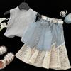 Conjunto de Saia Jeans para Meninas Verão 2026 Nova Moda Splicing de Renda Camisole Jeans Conjunto de Três Peças