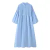 Ropa Nueva de Verano para Mujer Europea y Americana, Holgada y Casual, Estilo Sencillo, Mangas Abullonadas Abotonadas, Decoración a Rayas, Vestido de Manga Larga