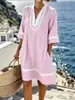 2026 Nuevo Estilo de Resort Costero Cuello en V Estampado Bohemio Holgado Vestido de Playa Manga Corta Protección Solar Cover-Up