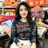 Camiseta de malla con estampado elegante de manga larga para mujer, comercio exterior transfronterizo, cuello redondo, top versátil y adelgazante para mujeres de mediana edad y mayores