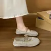 Sapatos Mary Jane Planos de Malha com Strass Francês para Mulheres, Mocasins Vazados de Moda de Verão com Laço e Sola Macia