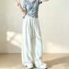 Pantalones casuales de nuevo estilo, holgados, adelgazantes y versátiles, con pierna curva, diseño simple y moderno de cintura alta con cordón, pantalones de pierna ancha de lino sintético