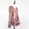 Vestido Curto Fluido Transparente Estilo Europeu e Americano para Mulheres, Resistente, Acinturado, Emagrecedor, com Babados Bufantes, para Baixinhas
