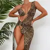 2027 Nuevo Bikini y Traje de Baño Europeo y Americano Estampado de Leopardo Cuello Halter Conjunto de Tres Piezas Malla Comercio Exterior Amazon Traje de Baño con Protección Solar para Mujeres