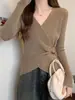 Blusa de Tricô Longa Estilo Designer Plus Size para Mulheres, Outono e Inverno, Corte Irregular, Valoriza Curvas, Camada Base Emagrecedora