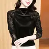 Camisa Base de Terciopelo Negro con Perlas de Comercio Exterior Original, Top de Manga Larga con Parches de Malla de Cuello Alto, Artículo Caliente Transfronterizo 2026