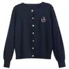 Cardigan de Cachemira Estilo Británico para Mujer Cuello Redondo Primavera Preppy Bordado Hebilla Metálica Holgado Tejido de Lana Prendas de Punto Chaqueta