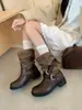 Botas de Temporada Primer Encuentro para Mujer 2026 Otoño Nuevas Botas Retro de Suela Gruesa Color Melange Bloque de Color Plisadas Tacón Grueso Media Pantorrilla