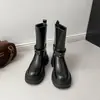 Botas Martin de suela gruesa estilo británico para mujer, colección otoño e invierno, diseño de hebilla de cinturón retro, altura hasta la pantorrilla, tacón grueso, botas de motociclista negras