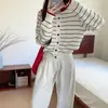 Top de cárdigan a rayas de colorblock con hilo de núcleo para mujer, primavera y otoño, botones, mangas largas, chaqueta de punto versátil