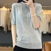 Camiseta de punto para mujer de primera línea sin costuras, color liso, holgada, adelgazante, primavera y verano, lana peinada fina de punto, manga media
