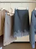 Elegante y sofisticada falda midi de mezcla de lana con ribete de encaje para mujer, nueva colección de otoño, de cintura alta, versátil, corte recto, con abertura
