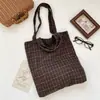 910131 Bolso Tote de Lana a Cuadros Marrón Oscuro Retro Gran Capacidad de Mano al Hombro Bolso de Tela Artístico para Viajar al Trabajo Bolso de Mujer