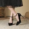 Salto Super Alto de Couro Envernizado Preto com Fivela de Uma Linha Sexy Celebridade Plataforma Impermeável Salto Agulha Boca Rasa Elegante Sapatos de Trabalho