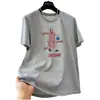 Camiseta Gris Estampada de Personaje de Dibujos Animados de Peso Pesado para Mujer, Estilo Coreano Elegante, Rejuvenecedora, Versátil, Adelgazante, Cuello Redondo, Algodón Puro, Manga Corta, Verano