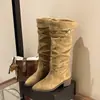 Botas de Tacón Grueso Maillard de Otoño Hasta la Rodilla Plisadas Apiladas para Mujer 2026 Nuevas Versátiles de Moda de Caña Alta Estilo Western