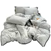 Conjunto de Roupa de Cama de Quatro Peças Estilo Coreano Classe A, Lençol de Cama de Algodão Puro Lavado com Bolinhas e Amarração, Capa de Edredom, Lençol de Elástico, Conjunto de Três Peças para Dormitório 3