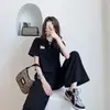 571# Conjunto Esportivo Casual Feminino 2023 Verão Novo Roupa de Celebridade da Internet top curto + calça pantalona conjunto de duas peças