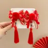 Grampo de Cabelo Laço de Ano Novo com Tassel de Pelúcia, Presilha Vermelha para Crianças, Adereço de Cabeça Festivo para o Festival da Primavera