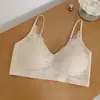Ropa Interior Sin Costuras de Encaje con Lunares de Puro Deseo de Escote Profundo en V para Mujer Transpirable Pecho Pequeño Reúne Espalda Hermosa Sujetador Inalámbrico Anti-Caída