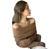 Suéter de un hombro color café para mujer, capa base de otoño e invierno, diseño sexy de hombros descubiertos, corte ajustado, top de punto chic, súper popular
