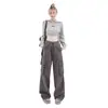 2024 Estilo Hong Kong Nuevo Retro Americano Pantalones de Peto Ajustados de Cintura Alta con Puño Diseño Holgado Primavera y Otoño Nuevos Pantalones Rectos