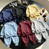 Conjunto básico de duas peças para crianças, com moletom forrado de fleece estilo coreano, cor sólida, e calça de cintura elástica, comprimento até o tornozelo, disponível em várias cores, um conjunto quente para outono/inverno