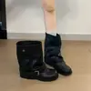 Fivela de cinto com textura de pele de ovelha, estilo vintage, botas de cavaleiro para mulheres, nova coleção de outono, salto grosso, efeito emagrecedor, couro macio, botas de cano médio