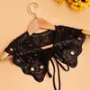 Roupas femininas requintadas com flores bordadas e contas, pretas e brancas, em estoque, gola falsa, laço, camisa, gola externa