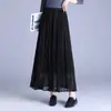 Falda de seda bordada estilo francés con dobladillo grande, elegante falda plisada de cintura alta para otoño, falda larga de malla de cintura elástica en línea A