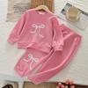 Conjunto Duas Peças Feminino Primavera e Outono Novo Terno Rosa Laço Estampa de Letras Blusa de Moletom Manga Longa Calça Legging