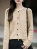 Nuevo Cardigan de Punto para Otoño/Invierno 2026, Hilo de Algodón Puro, Borde Enrollado, Cuello Redondo, Manga Larga, Color Sólido para Mujer, Hueco, Top Holgado