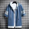 Camiseta Estilo Hong Kong para Homens, Corte Solto, Cardigã de Manga Curta, Moda Masculina Tendência de Verão com Manga Três Quartos, Blusa com Capuz de Marca Tendência