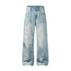 Jeans Vintage Lavados de Moda para Hombre Muqiu Estilo Callejero Americano con Pedrería, Pantalones Holgados de Pierna Recta Relajados de Pierna Ancha para Hombres y Mujeres
