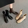 ¡Casual y Atractivo! Botines de Cuero a Cuadros Cuadrado Pequeño Costura Cremallera Trasera Tacón Grueso Tacón Medio